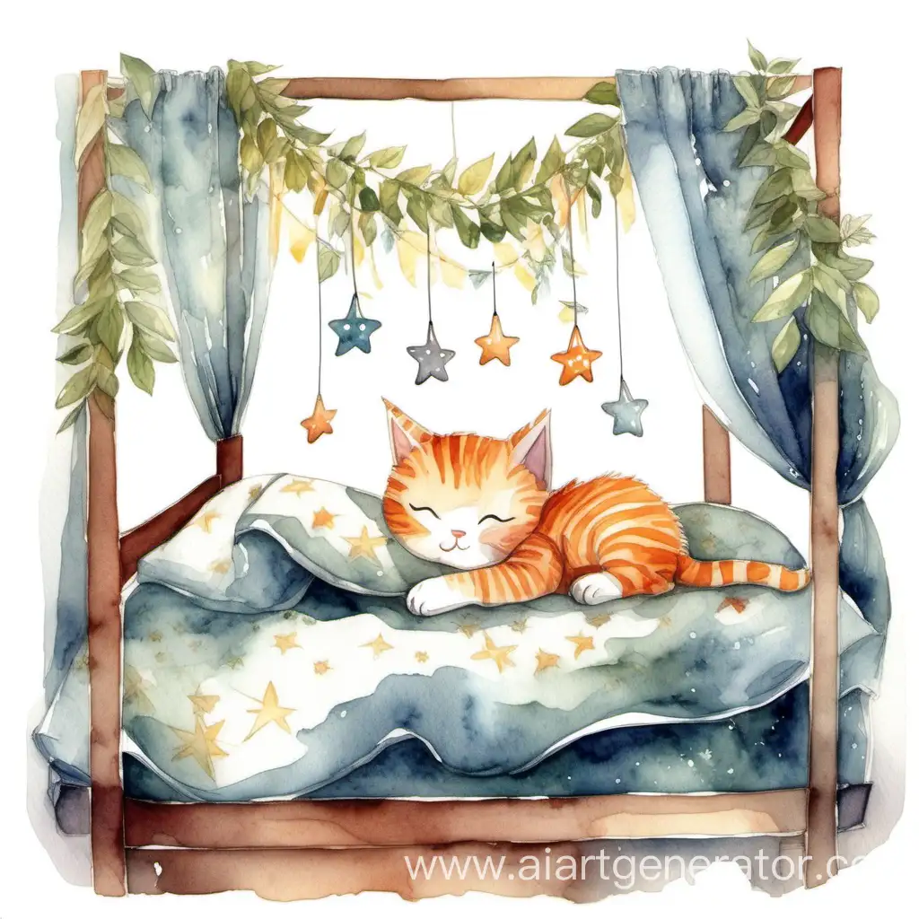Маленький котёнок спит в большой кровати над ним гирлянды рисунок акварелью