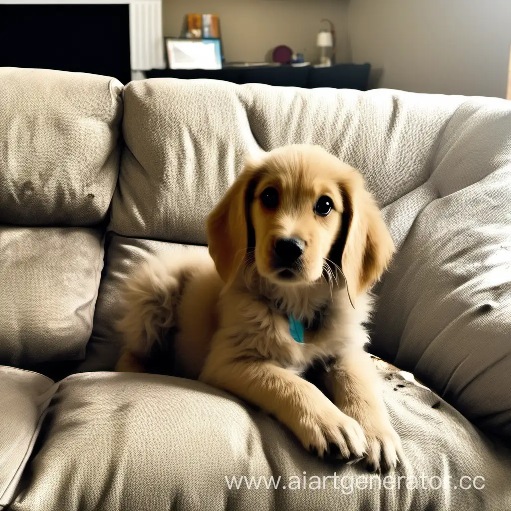 щенок ободрал диван и гордится этим
