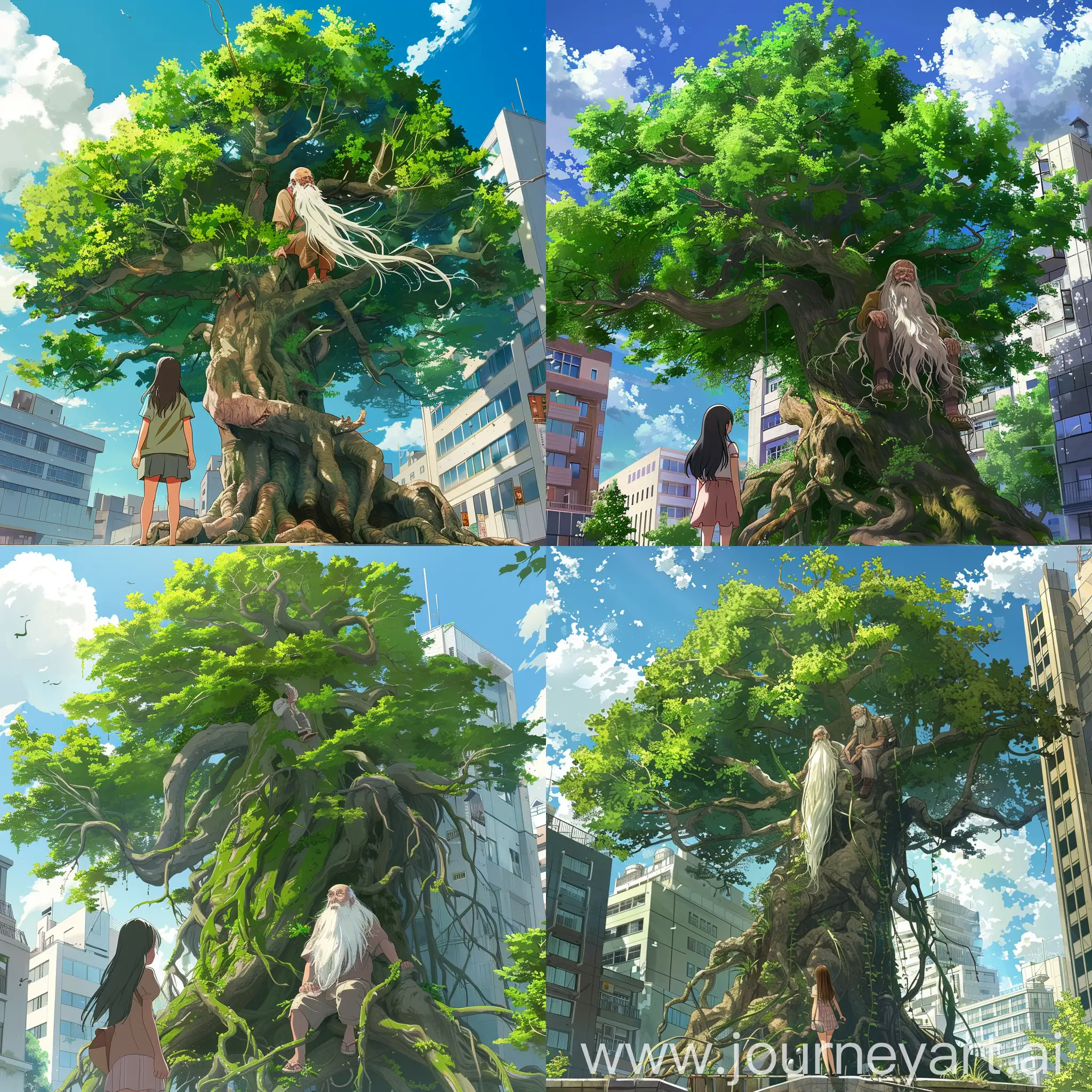 白天，一个女孩，城市里有一棵巨大的绿色的树，女孩站在树前，树枝上坐着一位老爷爷，老爷爷的白胡子和树根一样长