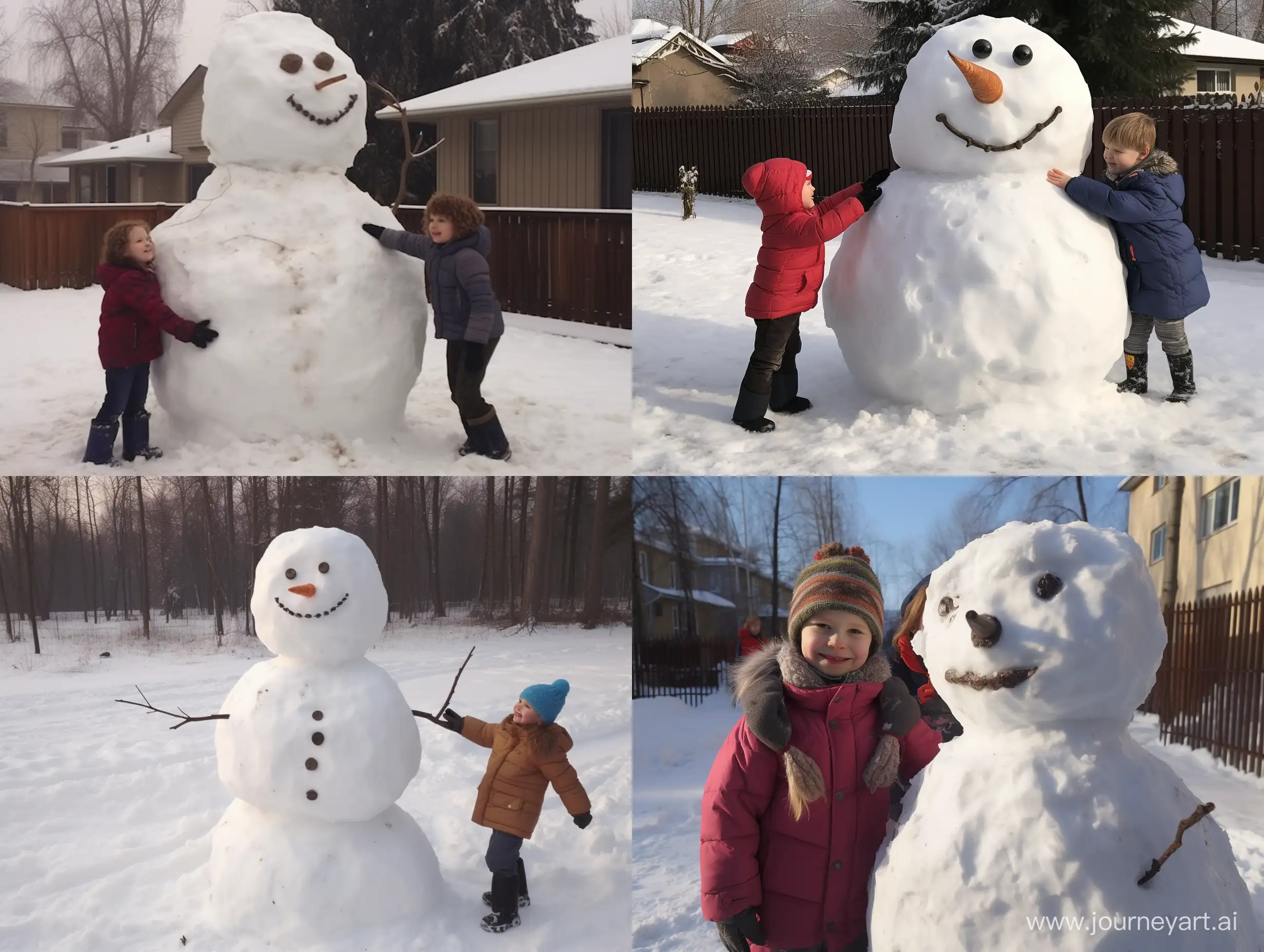 Children make a big snowman in the yard of the house