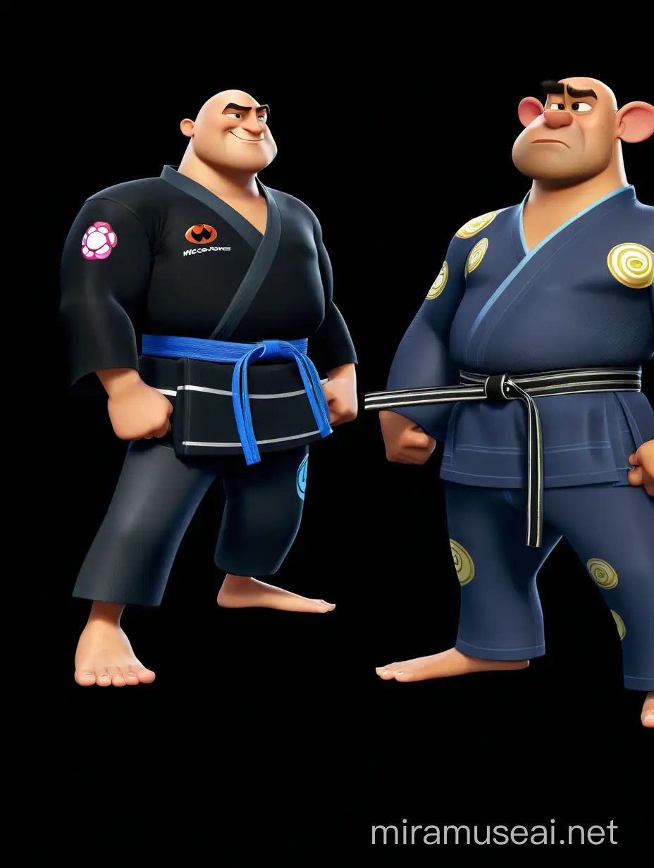 imagine two martial arts masters in kimonos, fit body shape, bald head, one has a blue belt on his waist, second has black belt, disney-pixar style