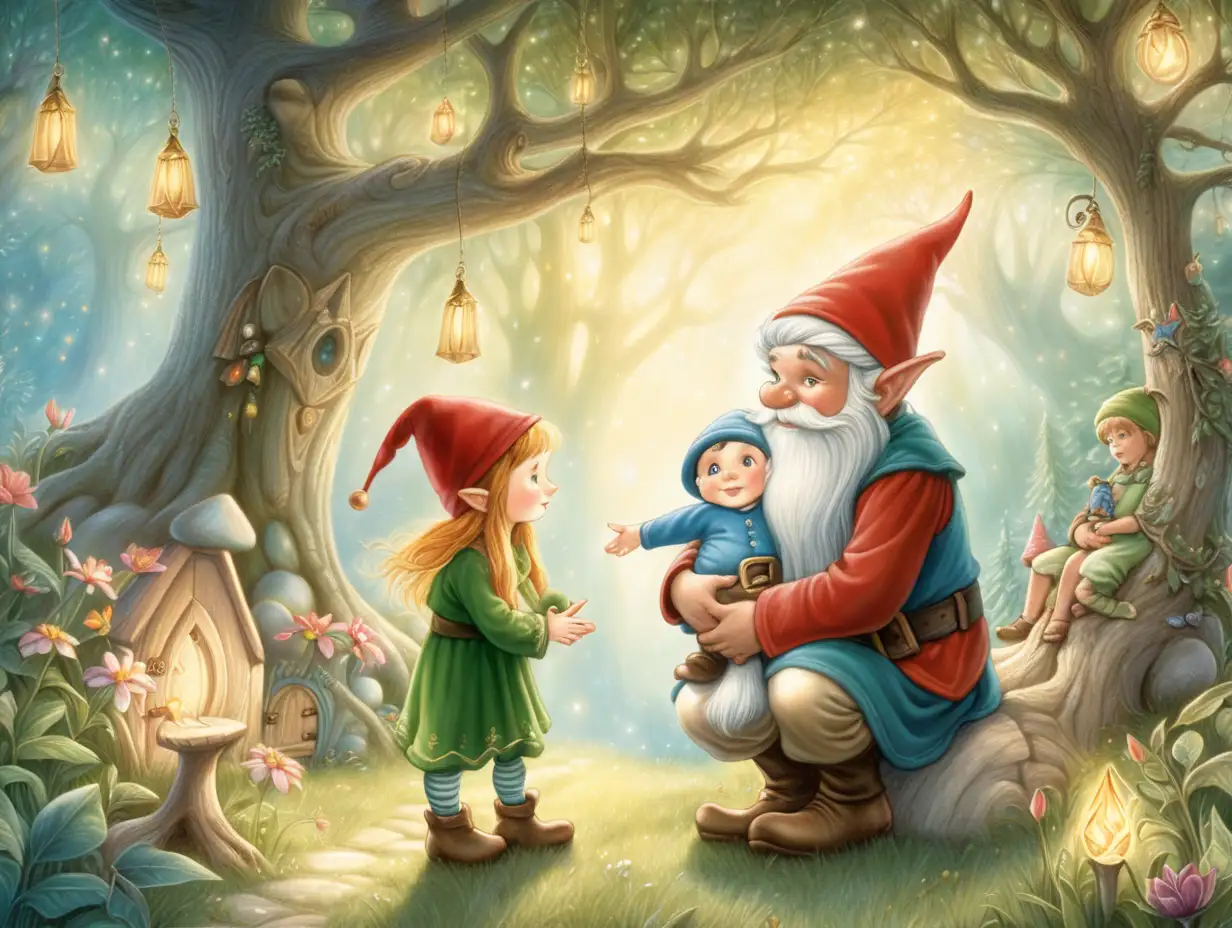 An elf and a gnome hugging a child of about three years old. The gnome and the elf are approximately 30 centimeters tall, while the child is approximately 100 centimeters tall. the landscape is that of an enchanted world, where twinkling lights danced among trees and extraordinary creatures. The style of the image is similar to the drawing of a fairy tale that stimulates the imagination, in the style of Waldorf education