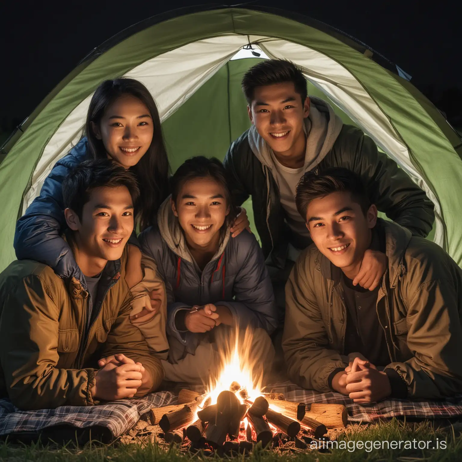 Happy european male teenager camping at night with an Asian family made up of  two Asian woman, 2 young boys/males and one Asian male teenager