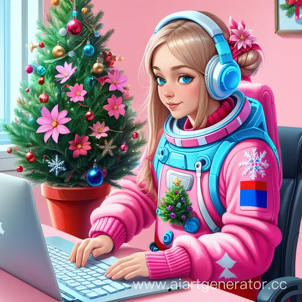 Русская девушка 35 лет сидит и играет за компьютером, с голубыми глазами, стример, человек-цветок розовая космея, в красной рождественской кофте, русская, растения космеи в горшках повсюду, елка, в волосах розовые цветы