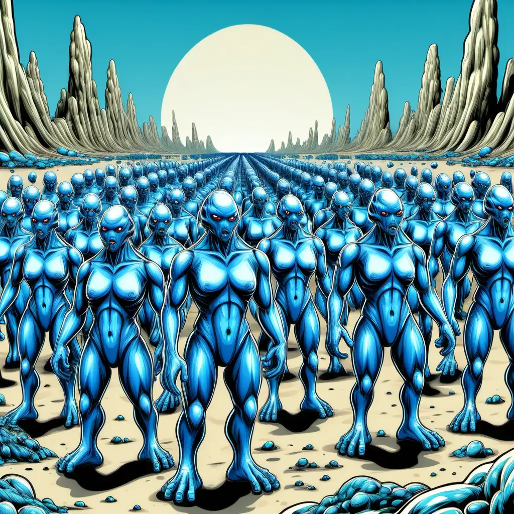 Cartoon Army of Blue Humanoids in Extraterrestrial Blue Planet Scene