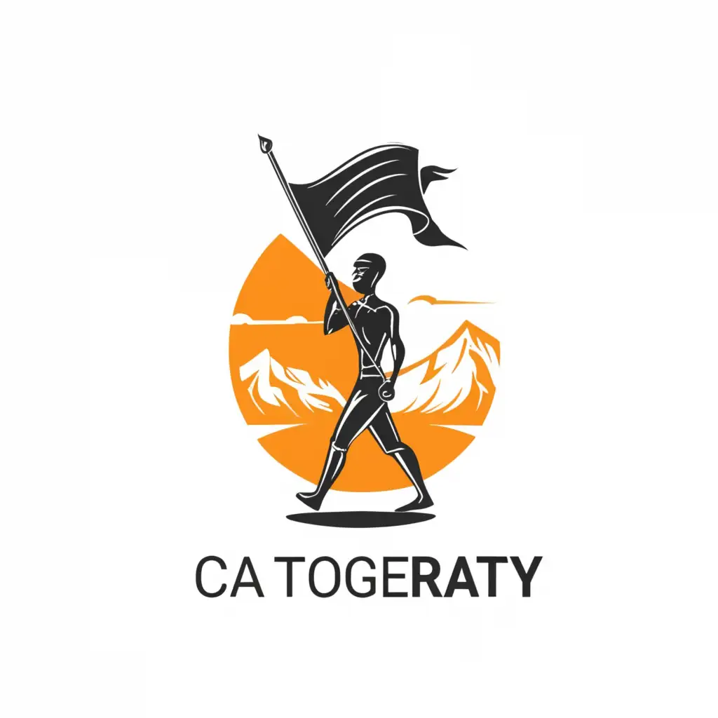 a logo design, , main symbol: black silhouette of a walking man carrying a blowing flag in his two hands, complex, completely clear background, complex, clear background