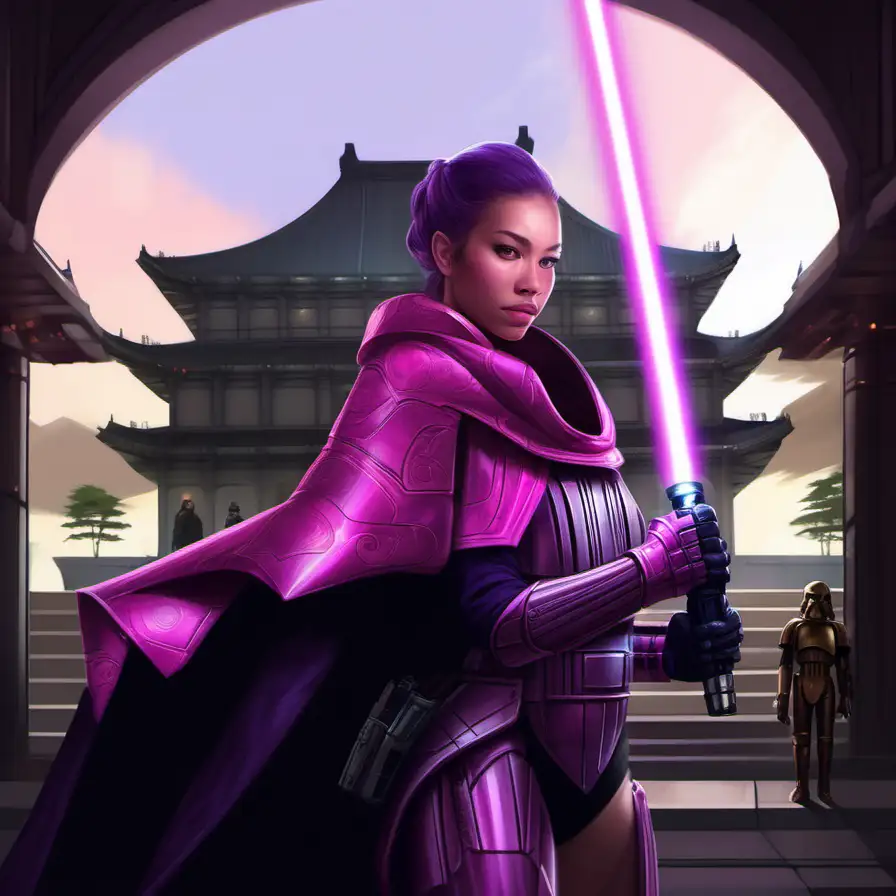 Woman, bright pink skin, purple armor, lightsaber, imperial palace, Star Wars art