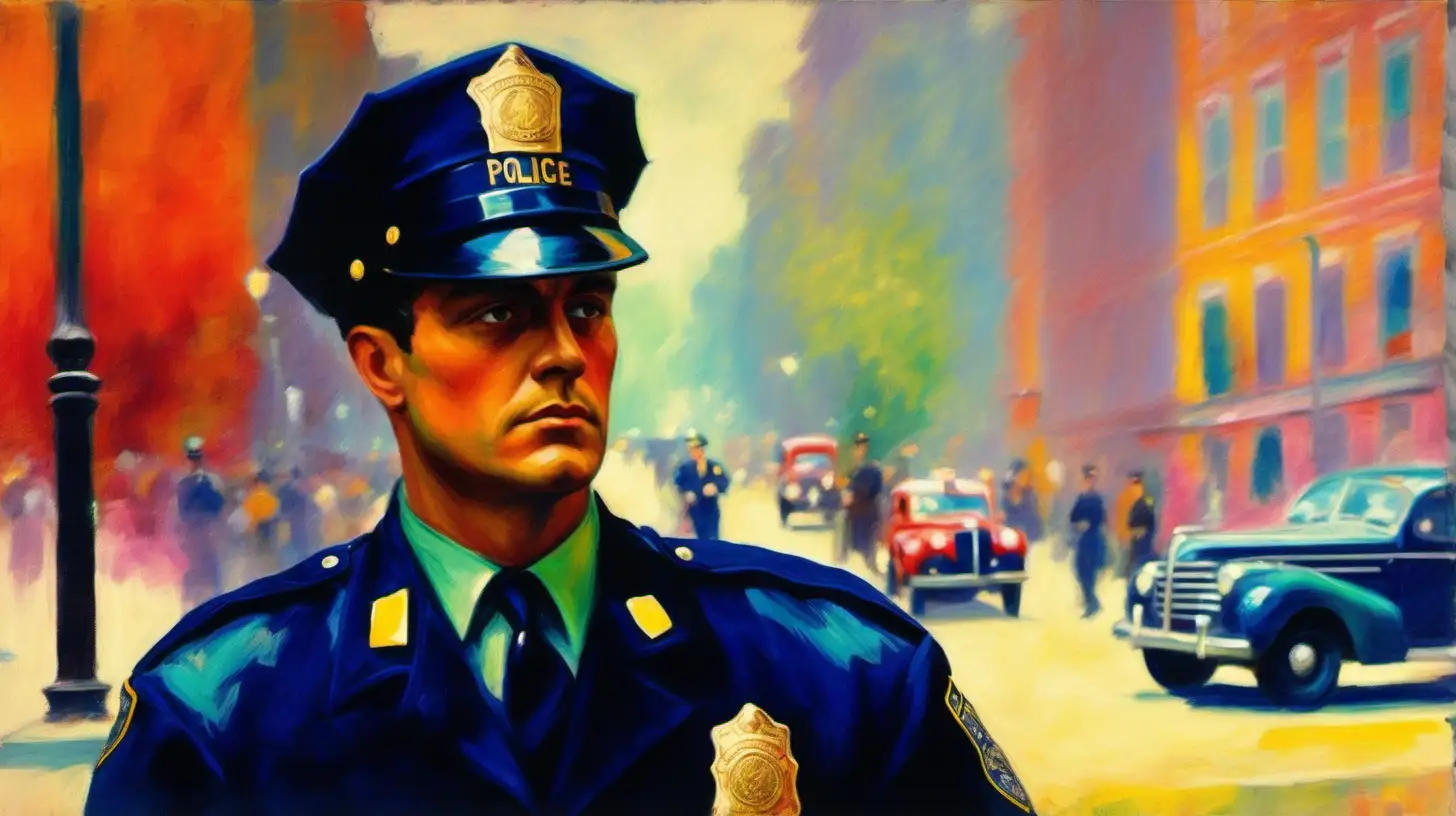 A circa 1940's police officer, from the waist up, standing on a street corner holding a baton, Impressionism style, bright colors.