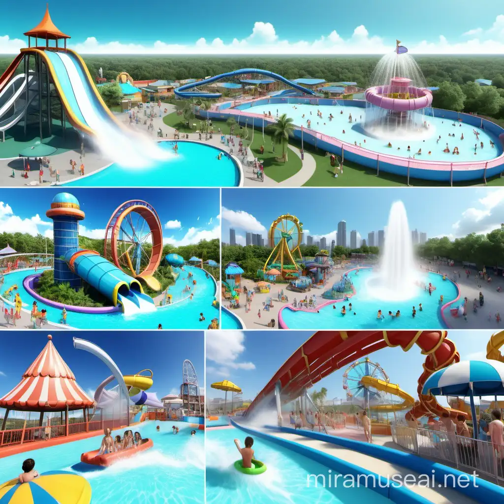 Vibrant Water Park Scene with Popular Attractions and Splashy Fun