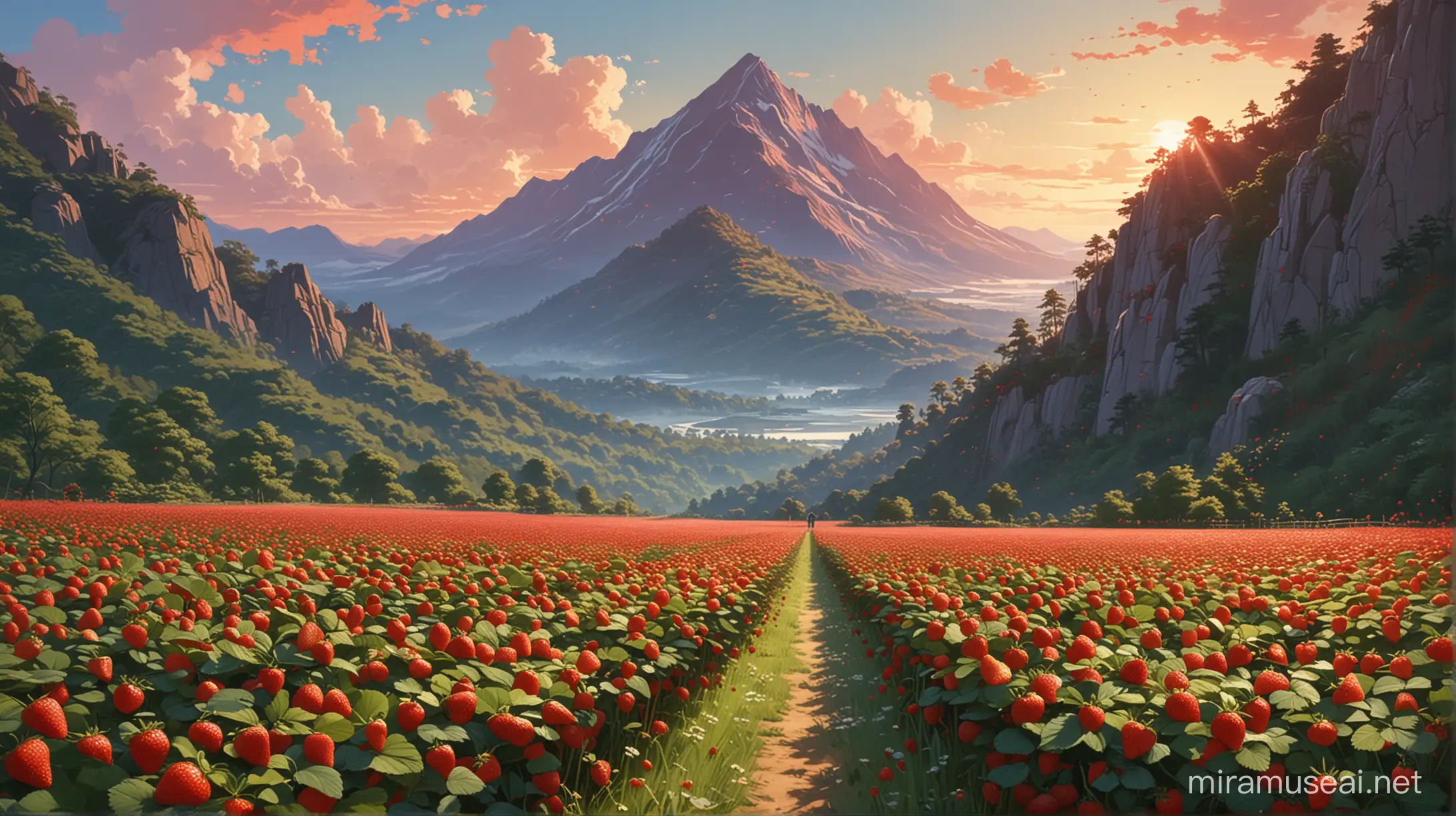  A strawberry field, brimming with ripe red berries, nestled in the shadow of a towering mountain, visualized in acrylic paints, capturing the artistic passion and flair of Makoto Shinkai, Jamie Wyeth, James Gilleard, Edward Hopper, Greg Rutkowski, Studio Ghibli and the fantastical universe of Genshin Impact, trending on Pixiv Fanbox, delivered with a balance of