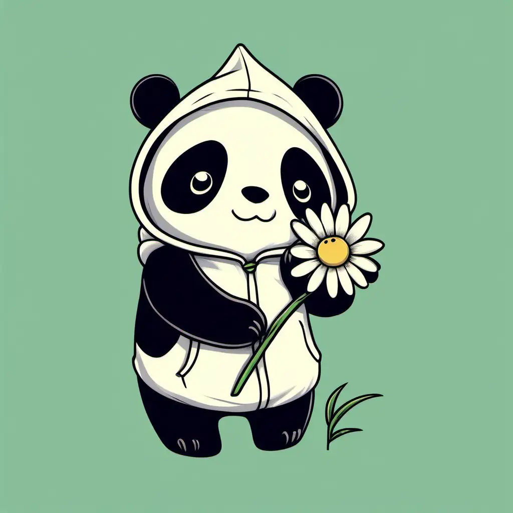 hooded panda, hugging a daisy, simple, retro, cozy, cute, simplistic