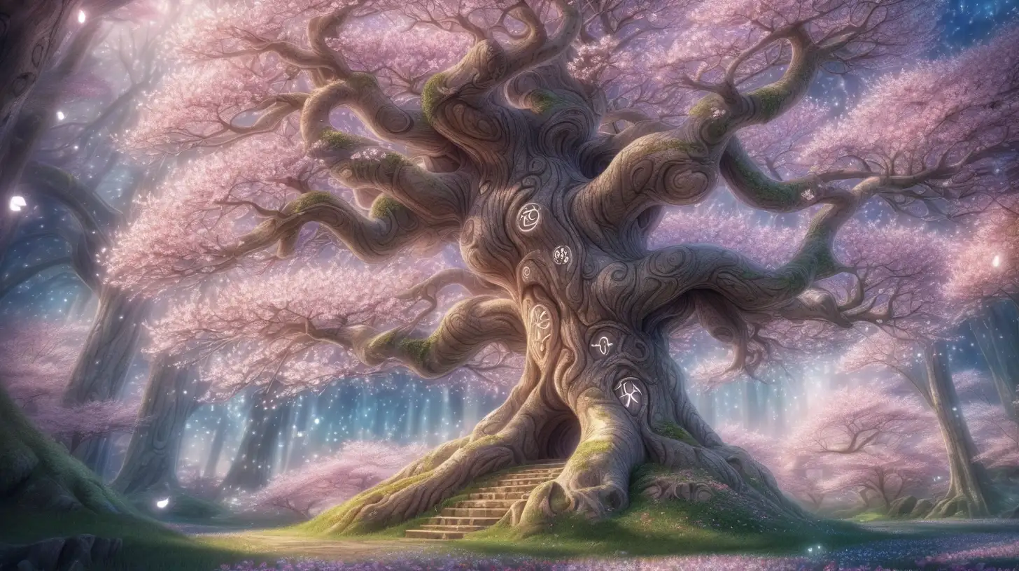 Enchanting Anime Forest with Blossoming Magical Tree