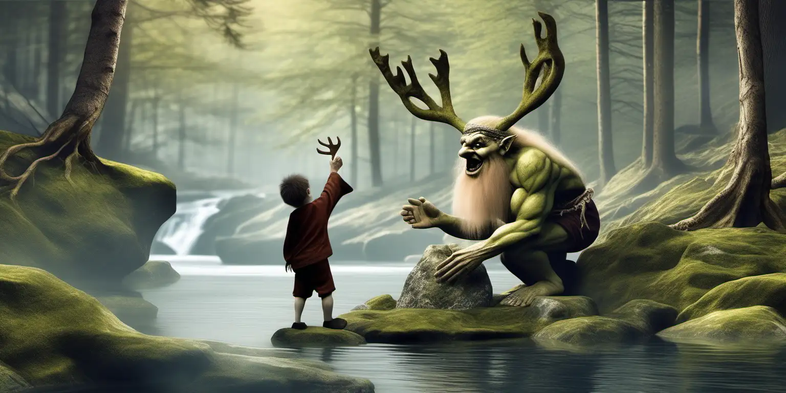 Ancient Norwegian Troll Playing with a Deer in Green Pine Tree Forest