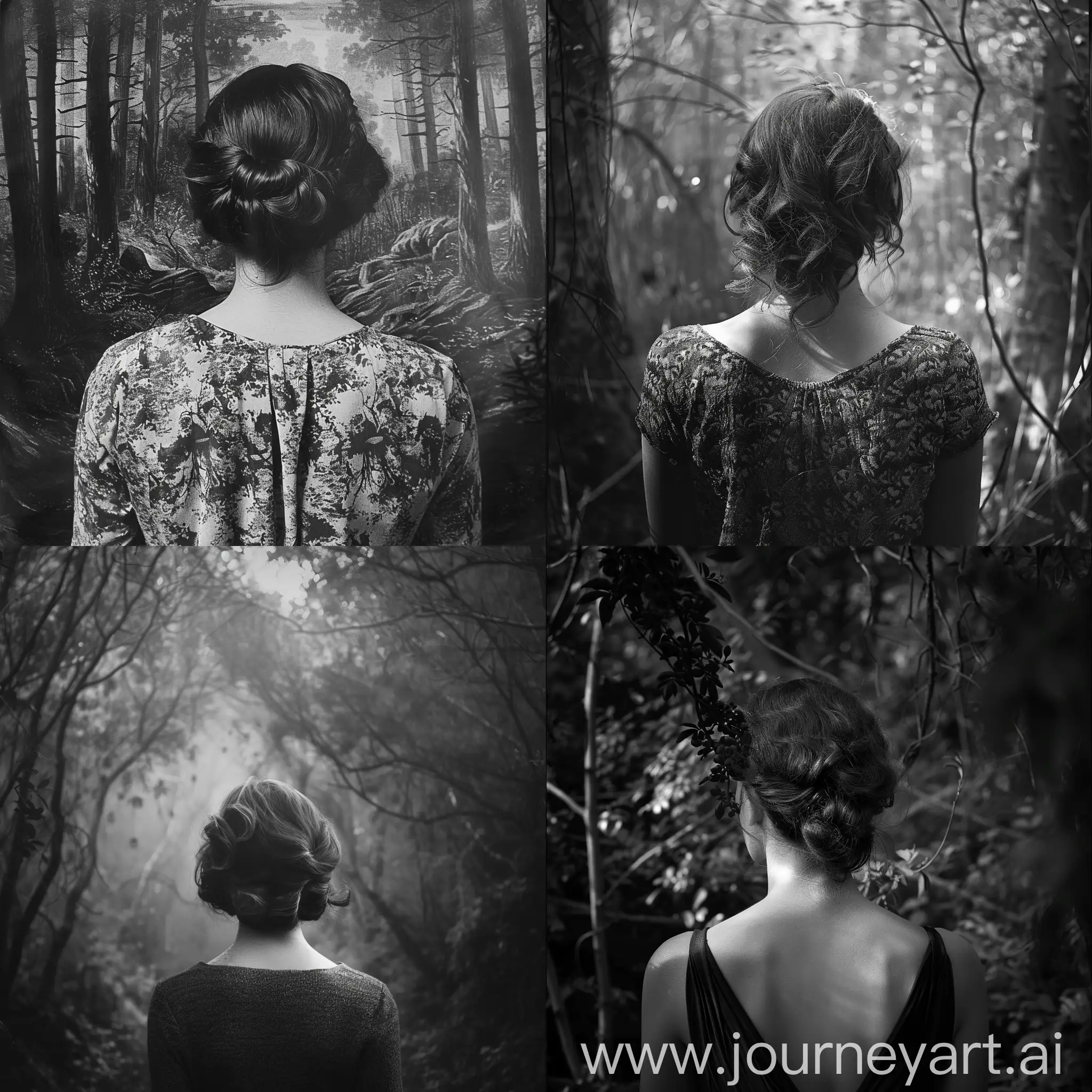 woman from the back, looking to misterial forest, black and white