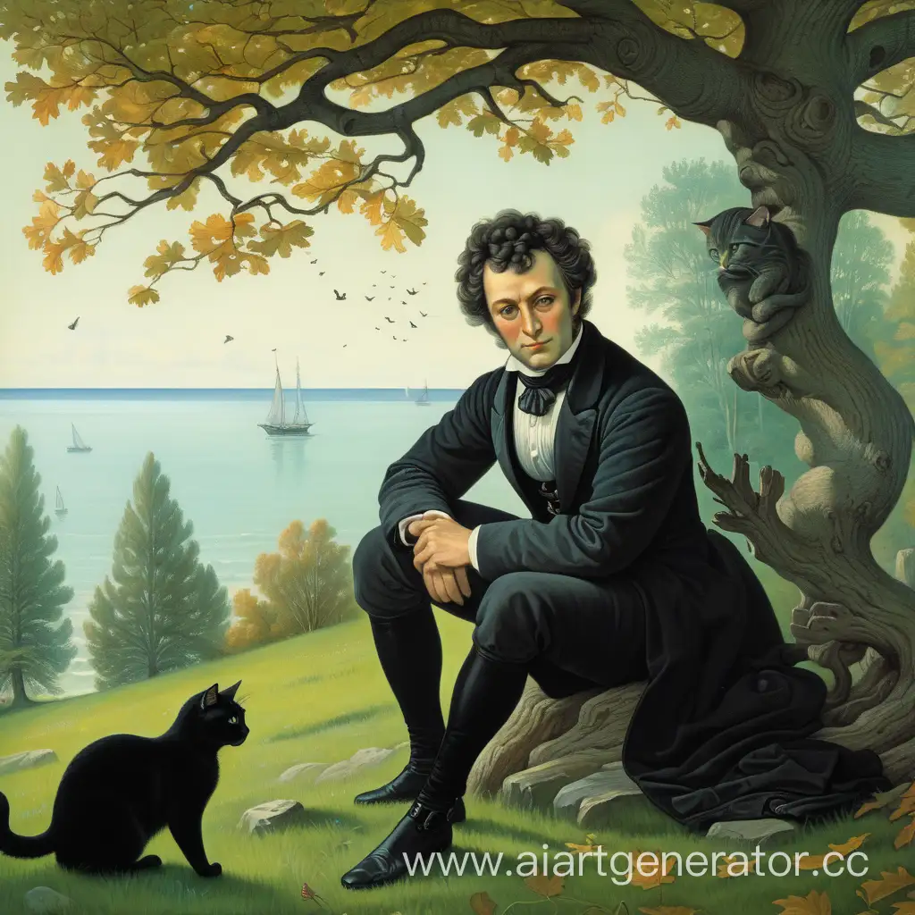 Pushkin-with-Black-Cat-and-Enchanted-Oak-on-Forest-Edge