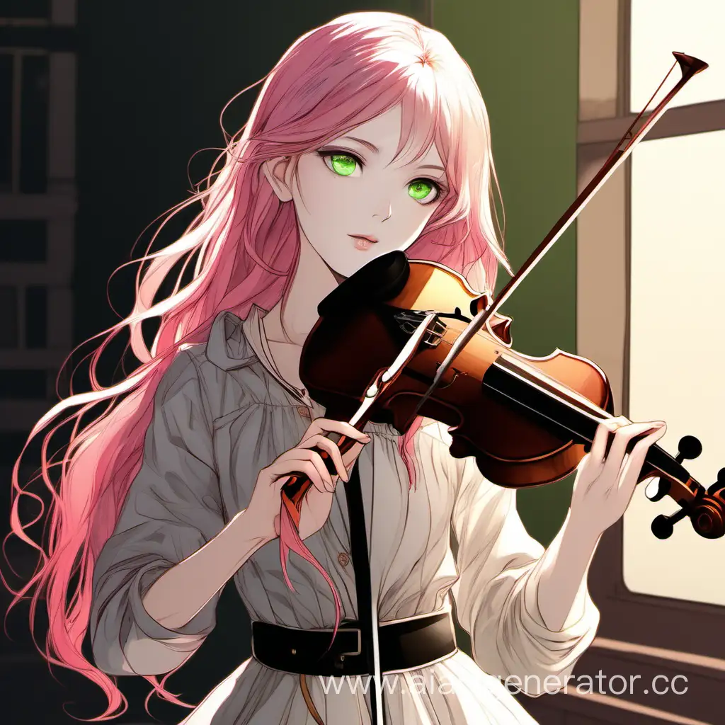 girl, long hair, chrome-green eyes, pointed nose, elegant, slender, small mouth, Persian pink hair, wavy hair, medium height, slender figure, thin hands, clarity, detail, young, modest, realism, full-length, in rustic clothes, violin in hands