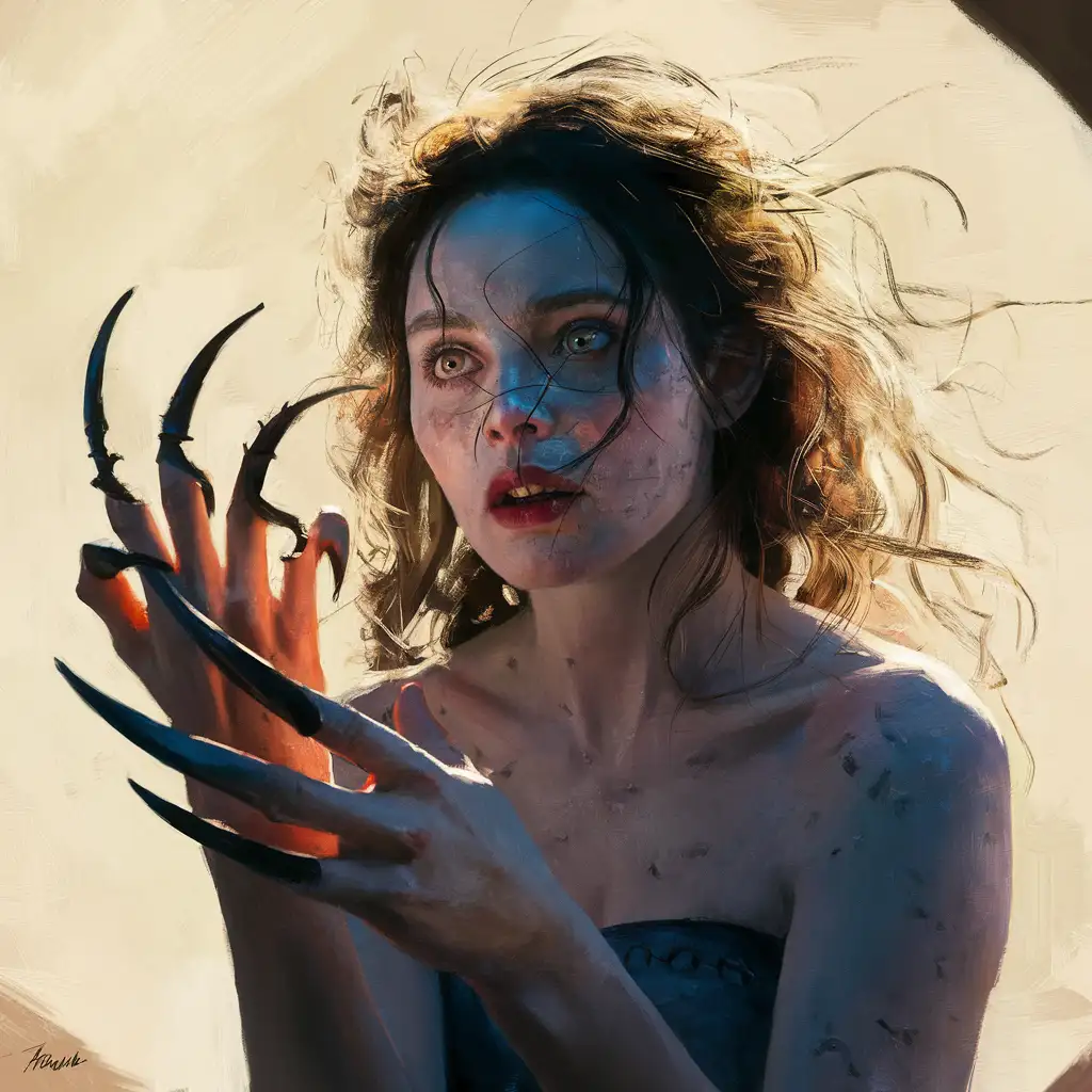 Samara Morgan from the movie 'The Ring', depicted with claws in the style of Frederic Bazille, using relatively small, thin yet visible brush strokes, open composition, emphasis on accurate depiction of light in its changing qualities, combining a certain naivety with a delicate feeling for nature.