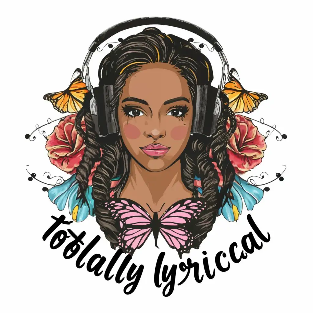 logo, headphones , music note, butterfly,  black girl with braids, with the text "totallylyrical", typography