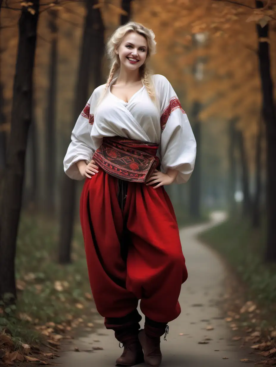 voluptuous Blonde woman smiling, folklore costume, big red woolen wraps, dark brown baggy harem pants, white slavic blouse