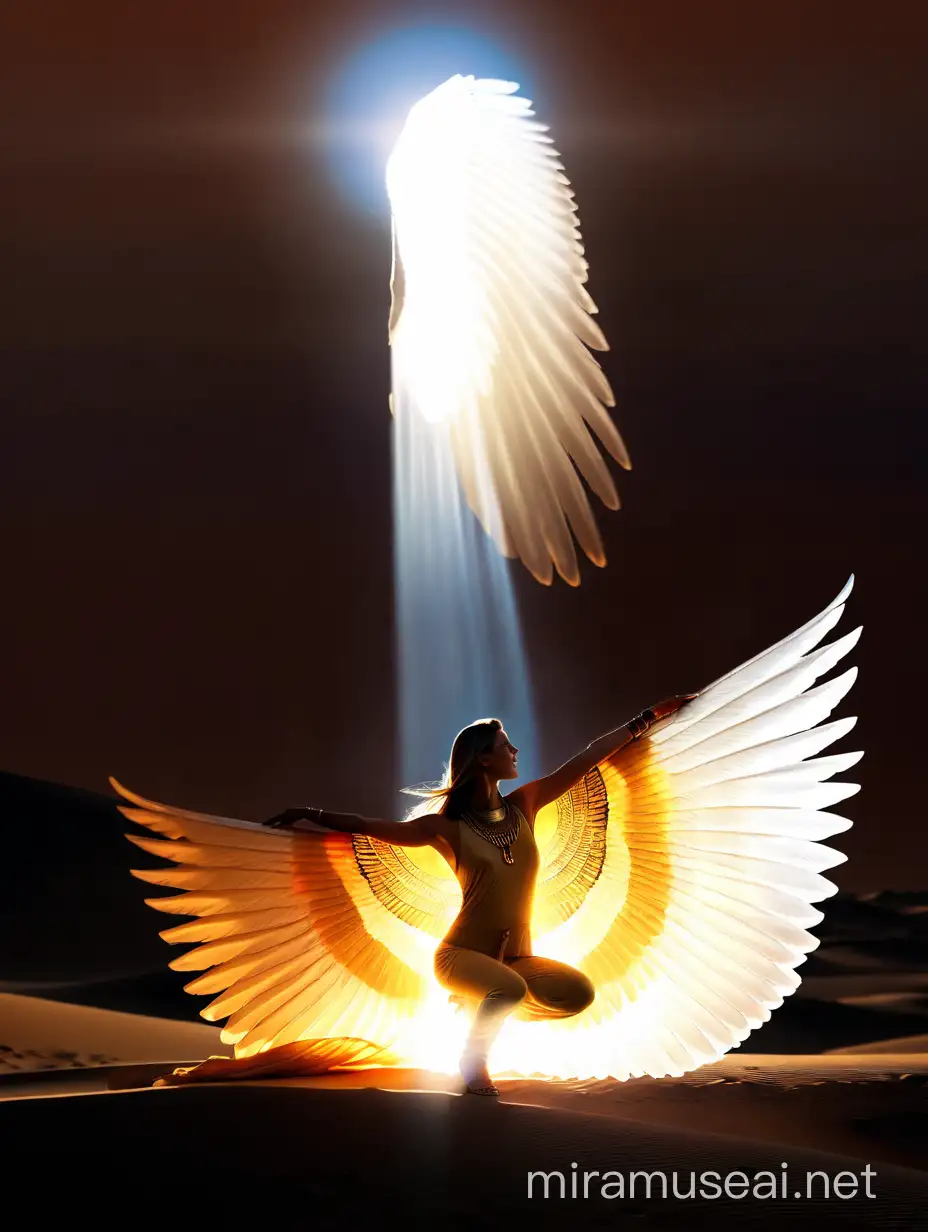 A masterpieced of Amber Heard as Isis, the Egyptian Goddess Isis.  She is in profile, kneeling on the desert dunes. From his arms come her whites wings spread on the sky, contrasting with the colors of the sunset. 
