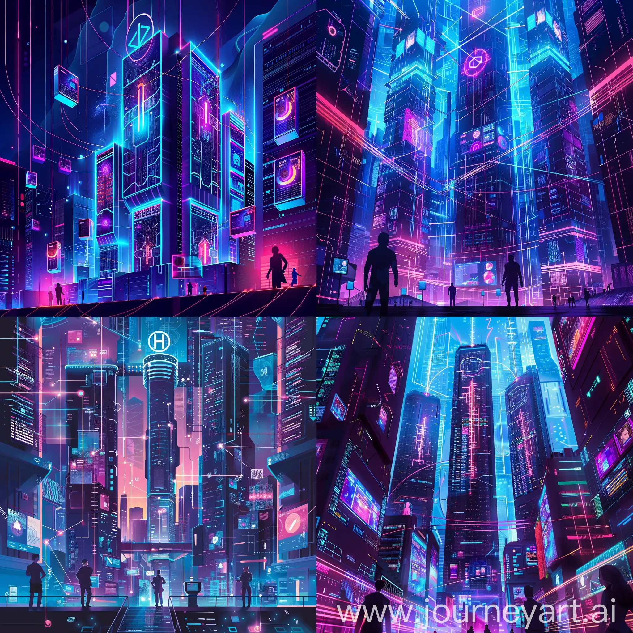 A futuristic, neon-lit cityscape with glowing data streams connecting sleek skyscrapers. Holographic screens display vibrant visualizations of digital marketing successes. Silhouettes of people engage with technology at street level. The agency's logo crowns the tallest building, symbolizing industry leadership. The color palette is a bold mix of deep blues, electric purples, and vibrant magentas, creating a captivating, high-tech atmosphere.