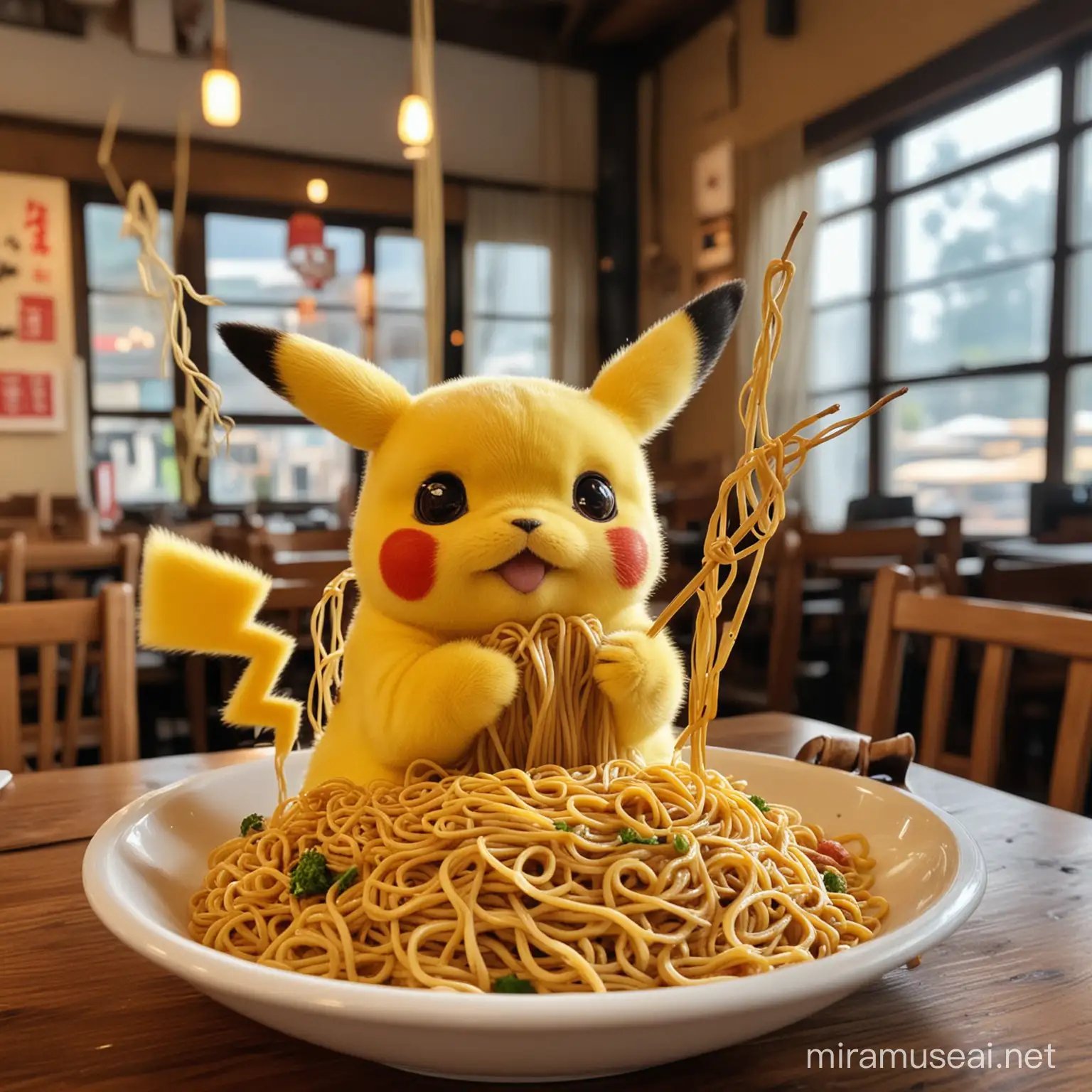 Pikachu eats long noodles with sticks in the restaurant
