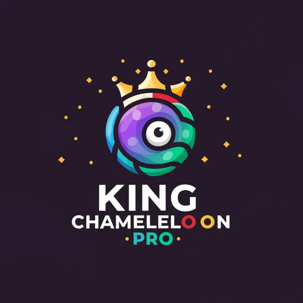 a logo design,with the text "King Chameleon pro", main symbol: a streaming production called king chameleon pro with one cool  LETTER C with a chameleon eye  inside  it and a crown over it and then in the backround a dark colors besides black with stars and under the big c it says "King Chameleon pro",Moderate,be used in Entertainment industry,clear background