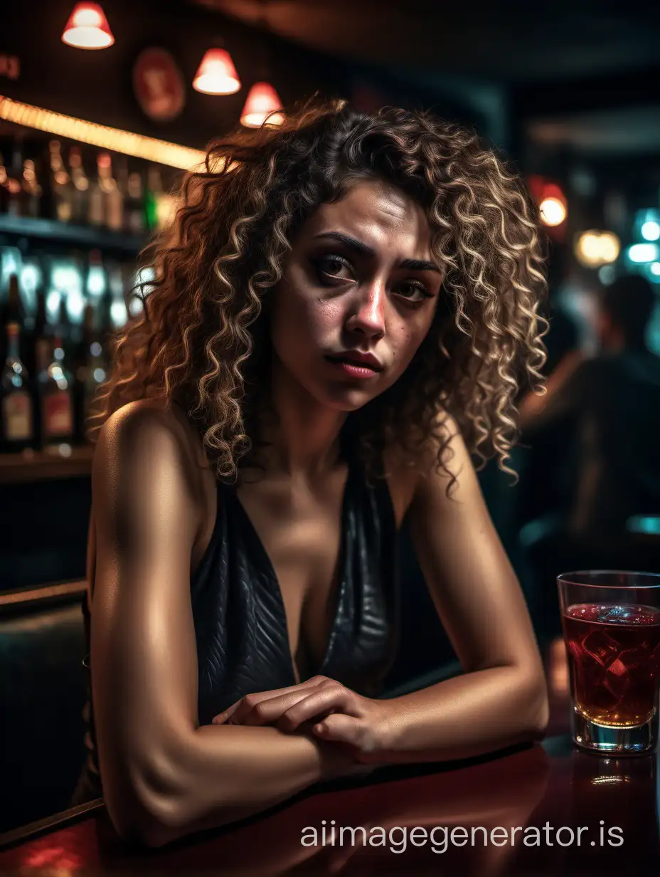 A drunken woman looking stoned in front of the bar table, curly hair, exotic skin, realism, photo realistic image, high detail, sharp and focused image, aesthetic lighting, dramatic lighting, cinematic tones, canon Eos R6 image style, Canon STM 50 mm f 1.8  lens shot
