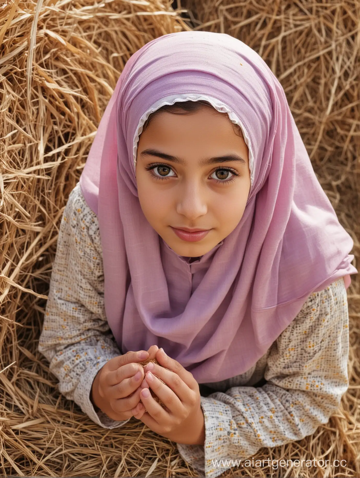 A little turkish girl. 12 years old. She wears a hijab, kids wear. Her height is 130cm. Close pov shot. Close up. From above. 8k sharp. Pretty face. Sits on the hay bales. The girl extends her hands to the viewer. Pursed lips.
