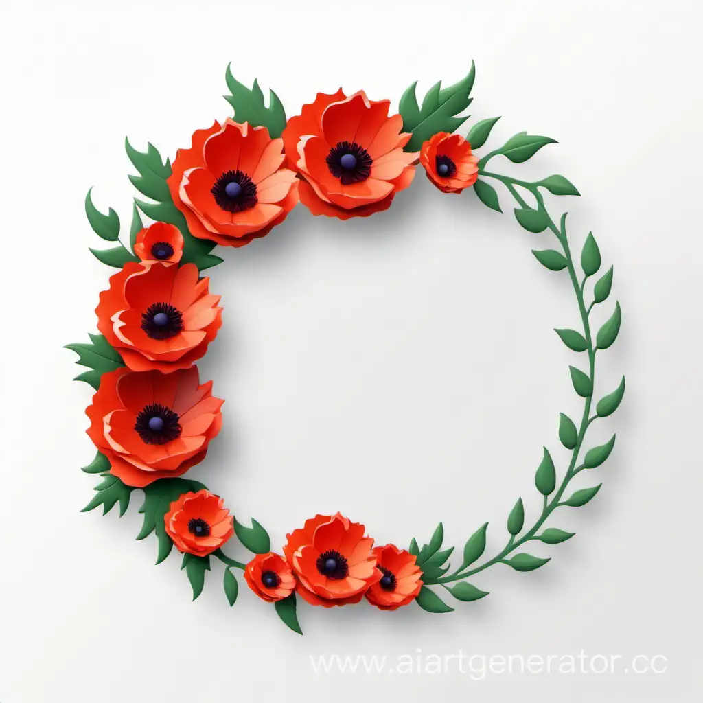 simple icon of a 3D flame root border bouquets floral wreath frame, made of border bright Poppy flowers. white background.