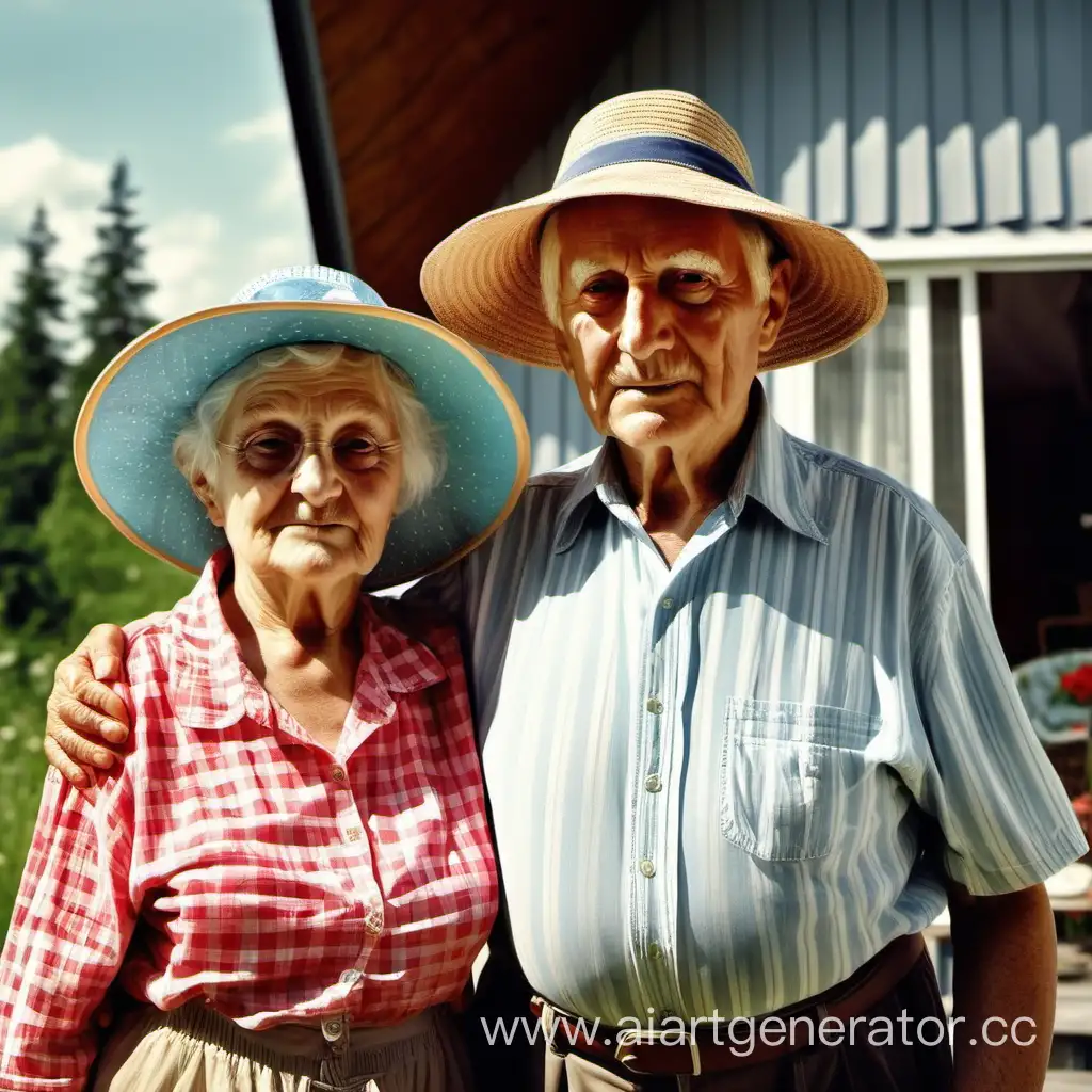 бабушка и дедушка в шляпах, дачных одеждах, летом на даче