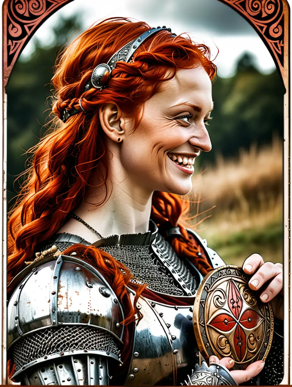 Smiling Medieval Lady in Armor Holding a Coin Viking Tarot Card