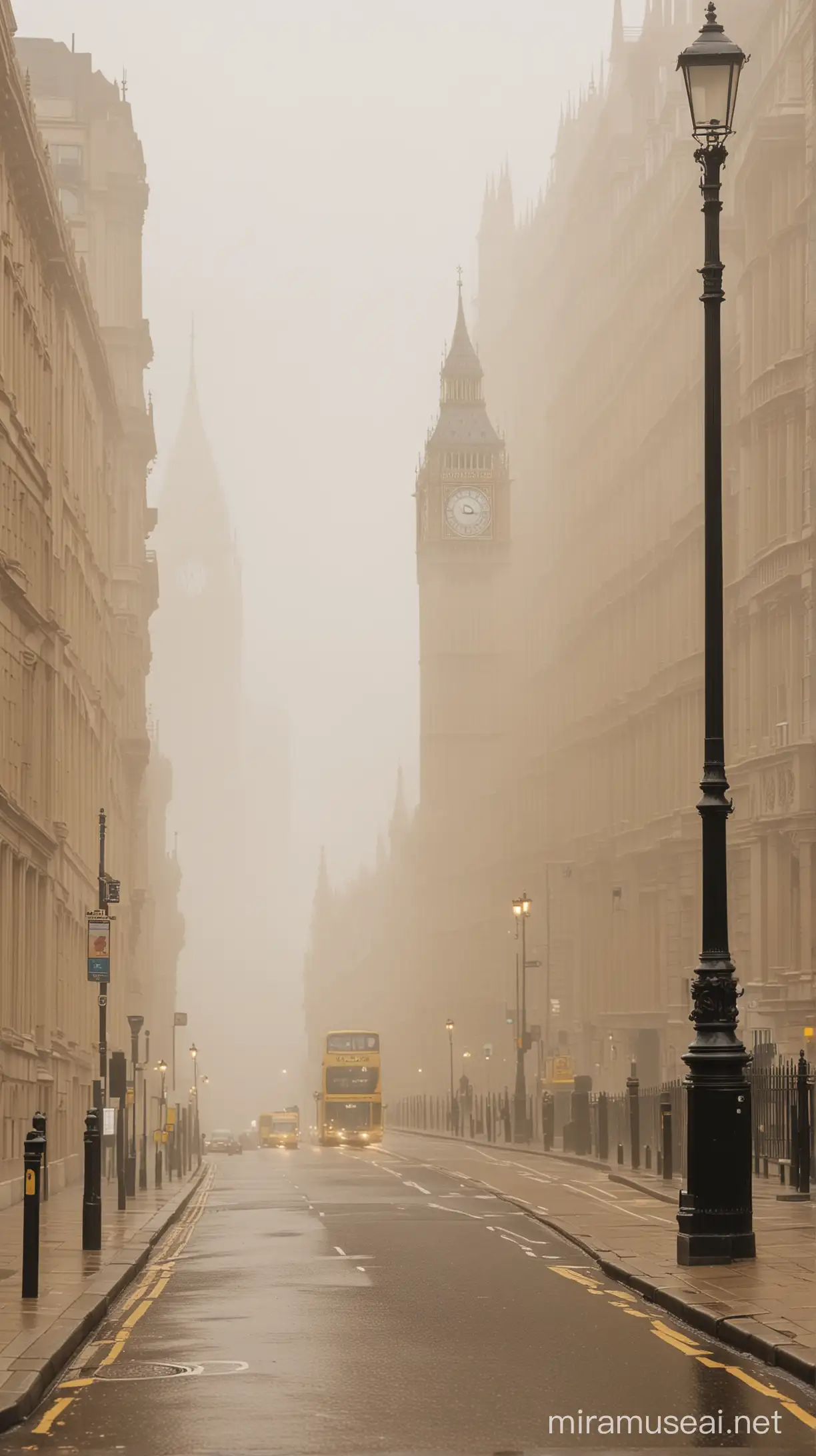 a street in london with the big ben in the background, the street is covered in fog with shades of yellow and beige