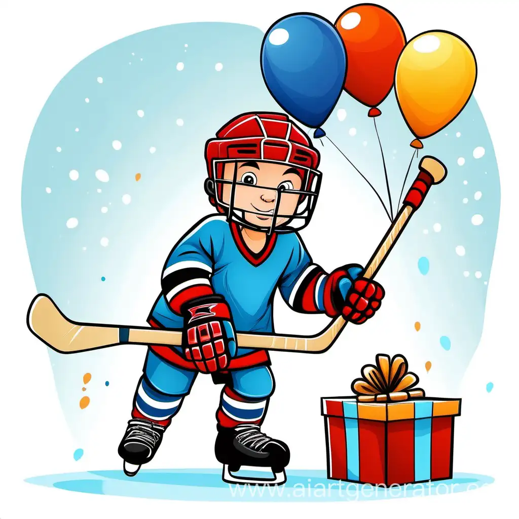 Cheerful-Cartoon-Child-Hockey-Player-with-Gift-and-Balloons