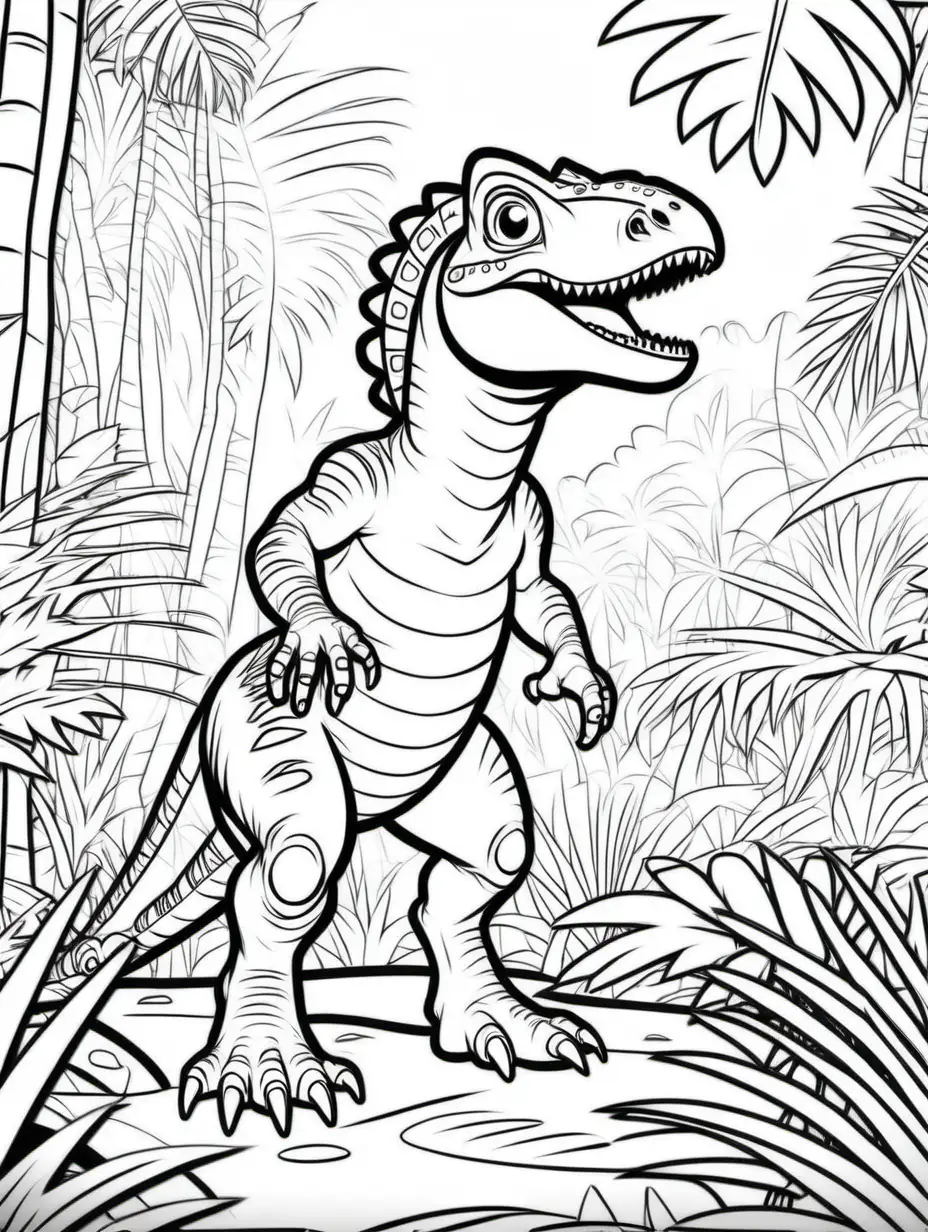coloring page for kids, an Afrovenator in a jungle, cartoon style, thick lines, low detail, no shading -- ar 9:11 --v5
