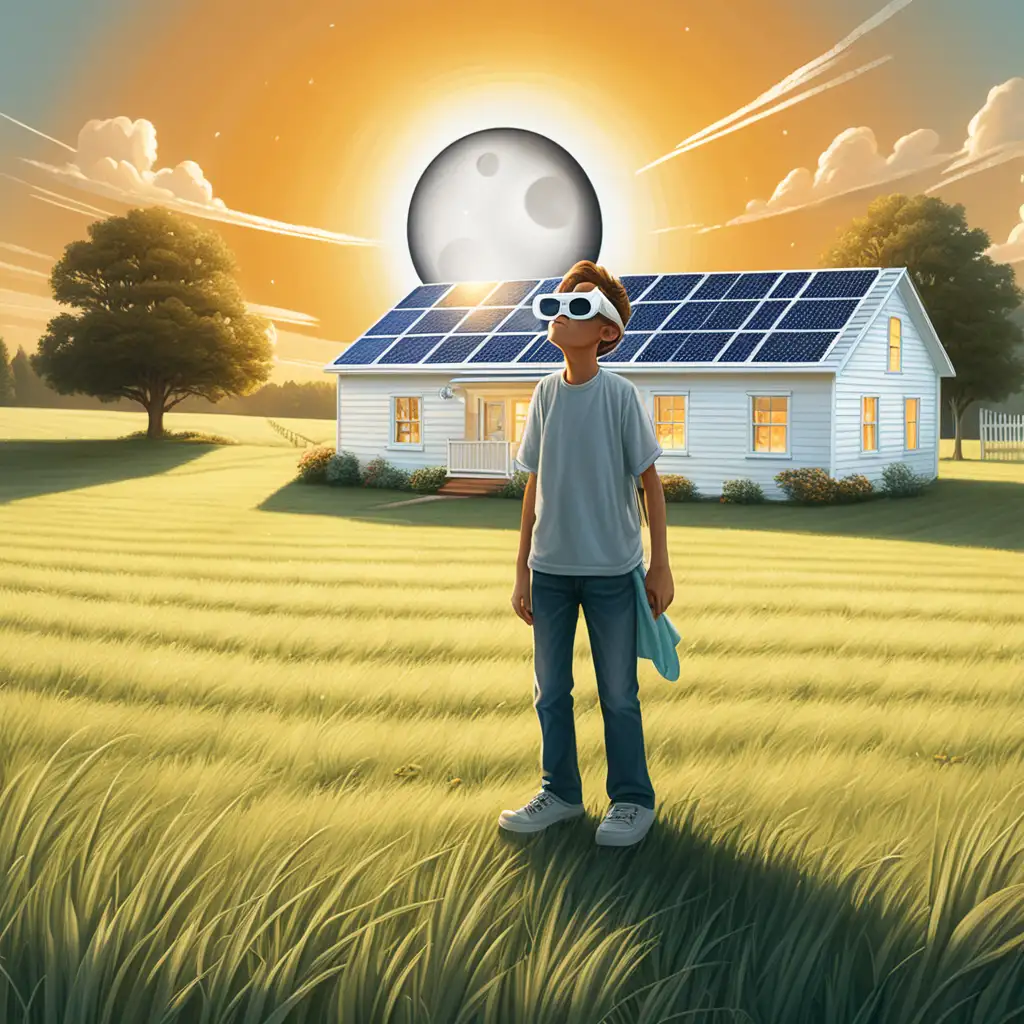I need an illustration of someone watching a solar eclipse with special glasses on. The person is standing in the grass outside a white farm house

