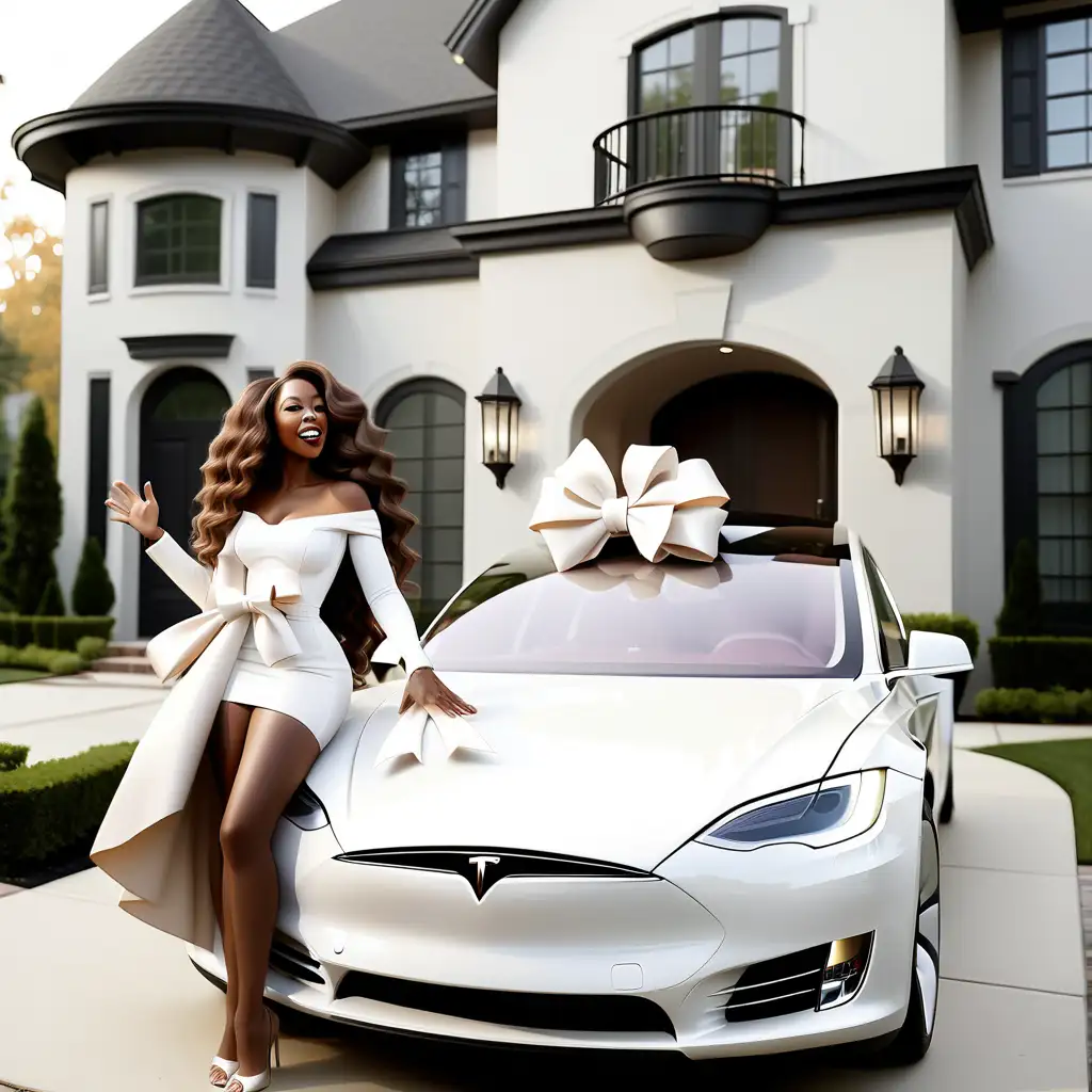 a black woman wife with long brown wavy hair standing outside luxury home celebrating with white Tesla with a bow on top in driveway