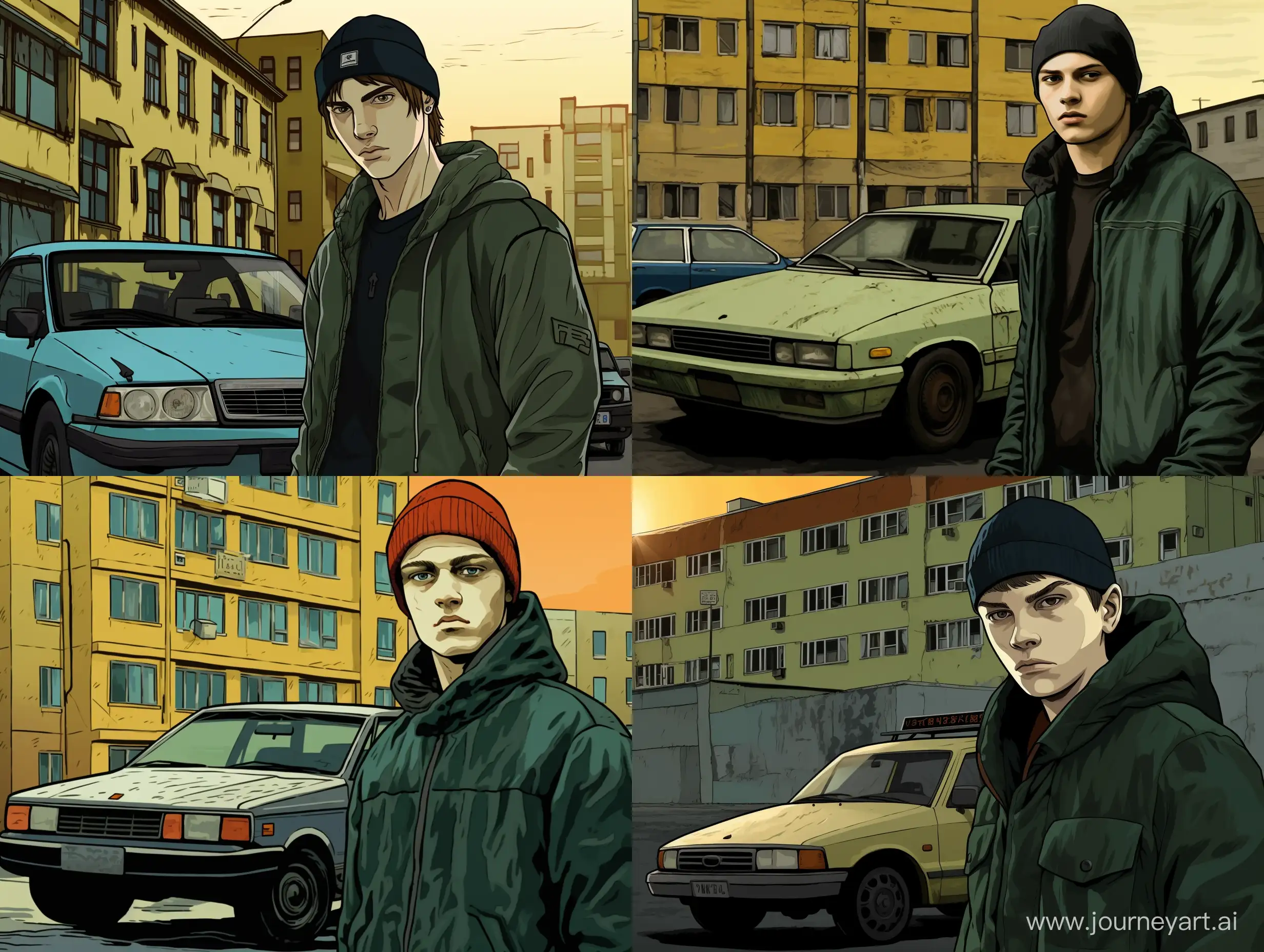 A fat teenager weared in green hoodie is standing next to an old 2003 used liftback sedan in a black-green colour. The yellow halogen headlights of this sedan shine brightly. The action takes place on a dark street in a eastern european city in prefab dirty post soviet 16 storey building