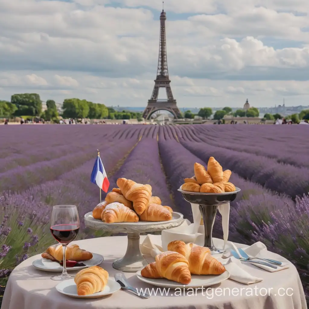 Круассаны, Париж, французский флаг, лавандовые поля, французы, вино, эйфелева башня 
