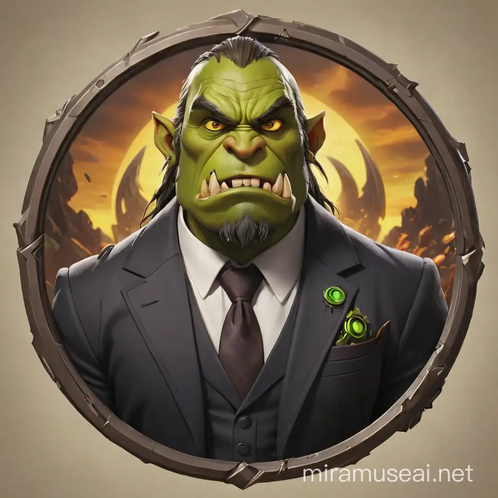Unhinged Thrall from World of Warcraft, in a suit and tie, do it as a circular logo
