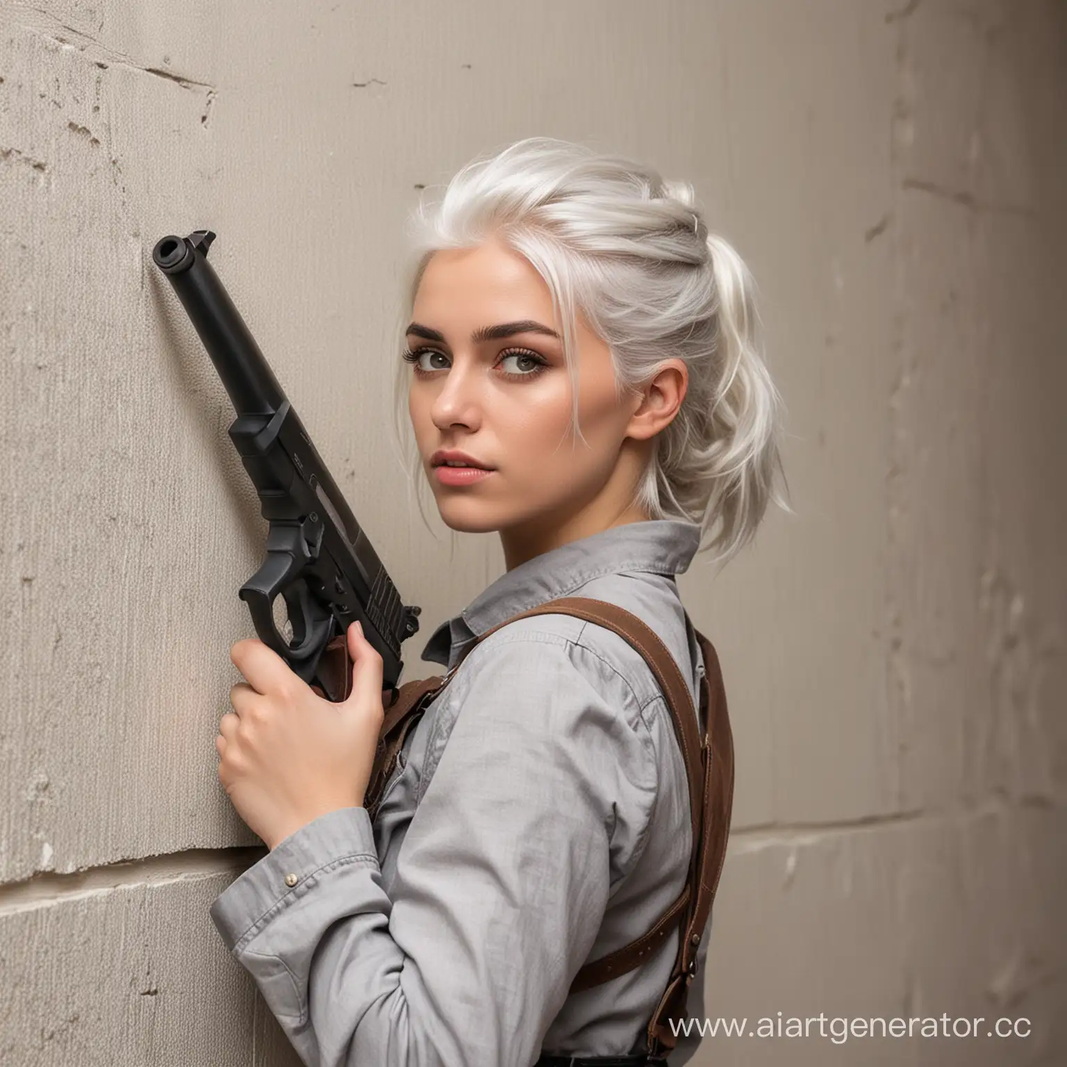 Девочка с белыми волосами, с огнестрельным оружием в руках, облокачивается спиной на стену, смотрим лицом в кадр