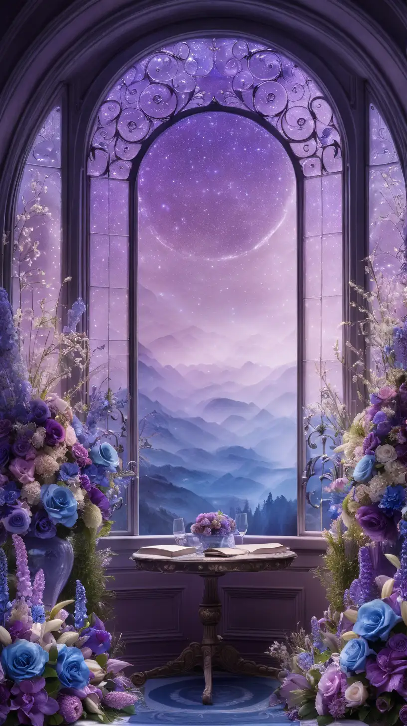 the setting is a magical vignette surrounded by flowers in a circle by a window  in purples and blues
