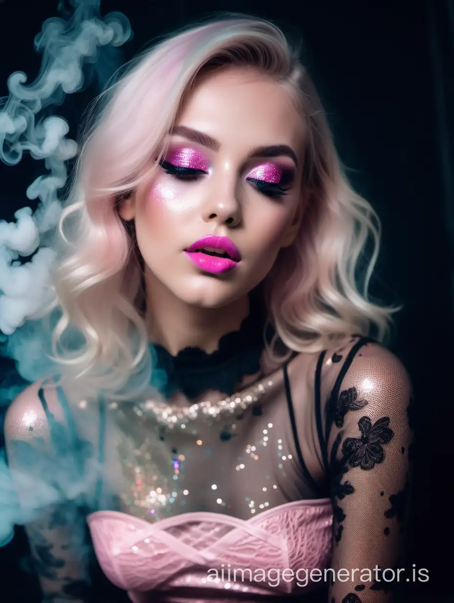 A slim girl in a short lace dress + stockings, glam all in glittery makeup, beautiful face, pink lipstick, smoke, blonde hair, glitter, triple exposure, VSCO Filter, sexsi, UltraHD