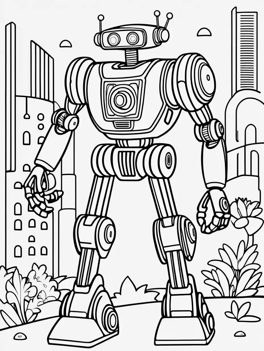 A robots coloring page, cartoon style, thick lines, few details, no background, no shadows