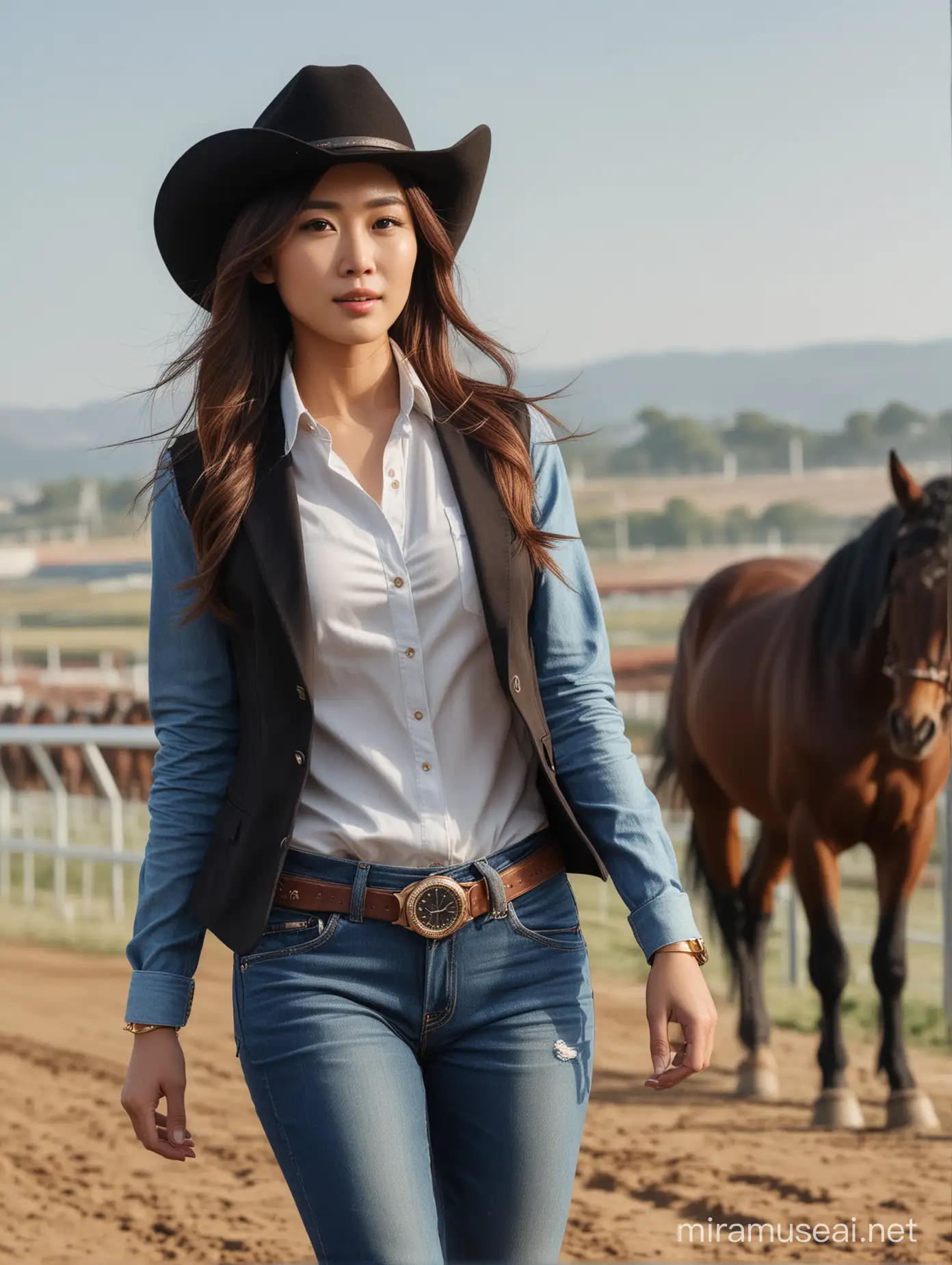 HD PIC, ULTRA REALISTIC, REAL PIC, 8K  real pic, HD pic, 8K  35 year old Asian woman, brown hair, brown cowboy hat, gold watch, wearing a black long-sleeved shirt, brown vest, blue jeans, brown boots, walking with a black horse,  set on a horse racing track, Tanah Merah  hd pic, realistic, 8K, ultra realistic