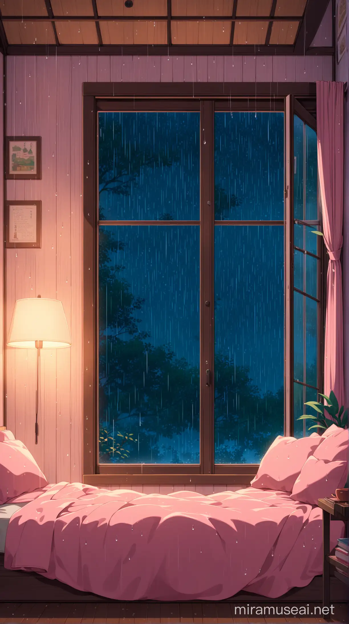 image of a reading space in a cozy house with a big window in the background, its raining and night outside, some pink elements, make it look like a ghibli anime