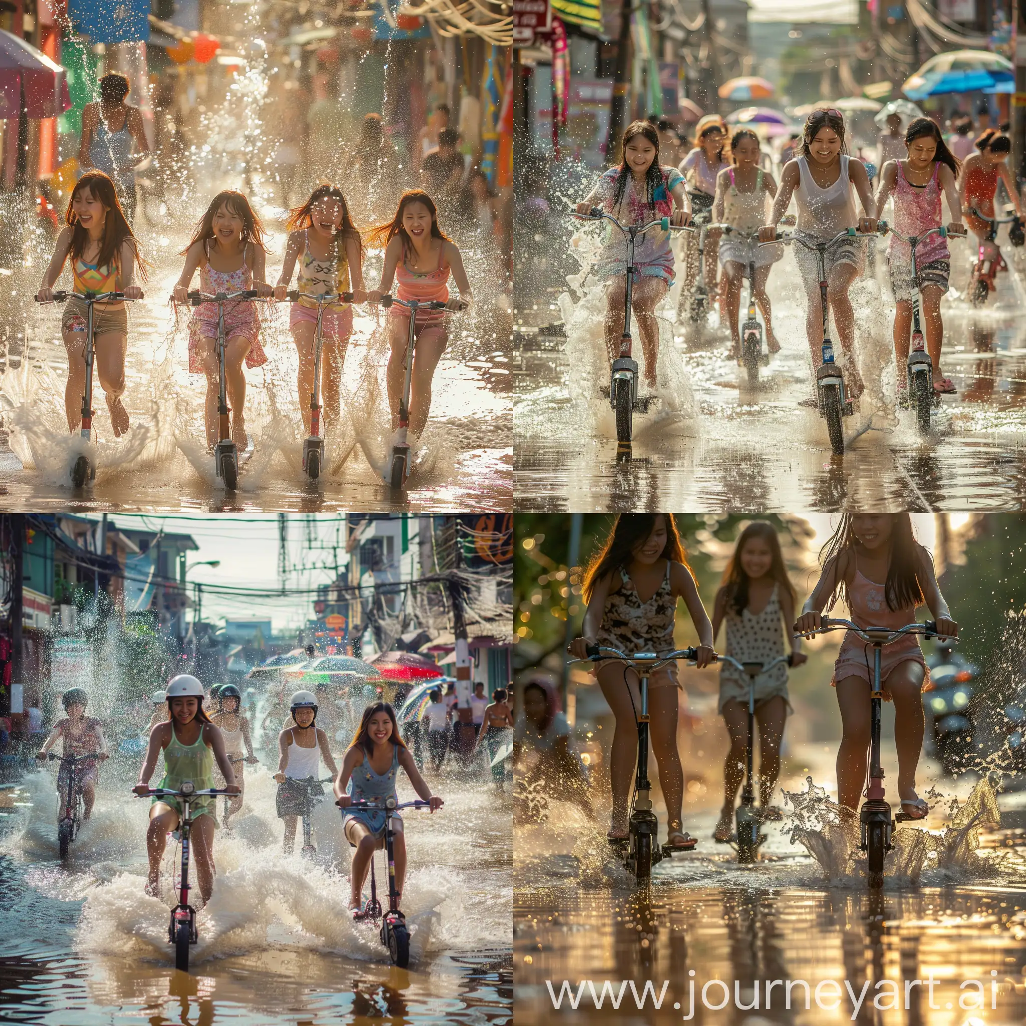 photo of On Yangon Road, happy many young women are ridding scooter in the water. The water is forced out in all directions. feet up. bright color. natural and clear. all wet.