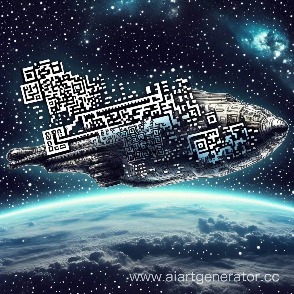 Flying-Spaceship-with-QR-Code-in-Space