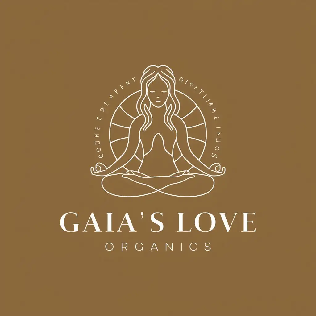 logo, mother gaia meditating, with the text "Gaia's Love Organics", typography
