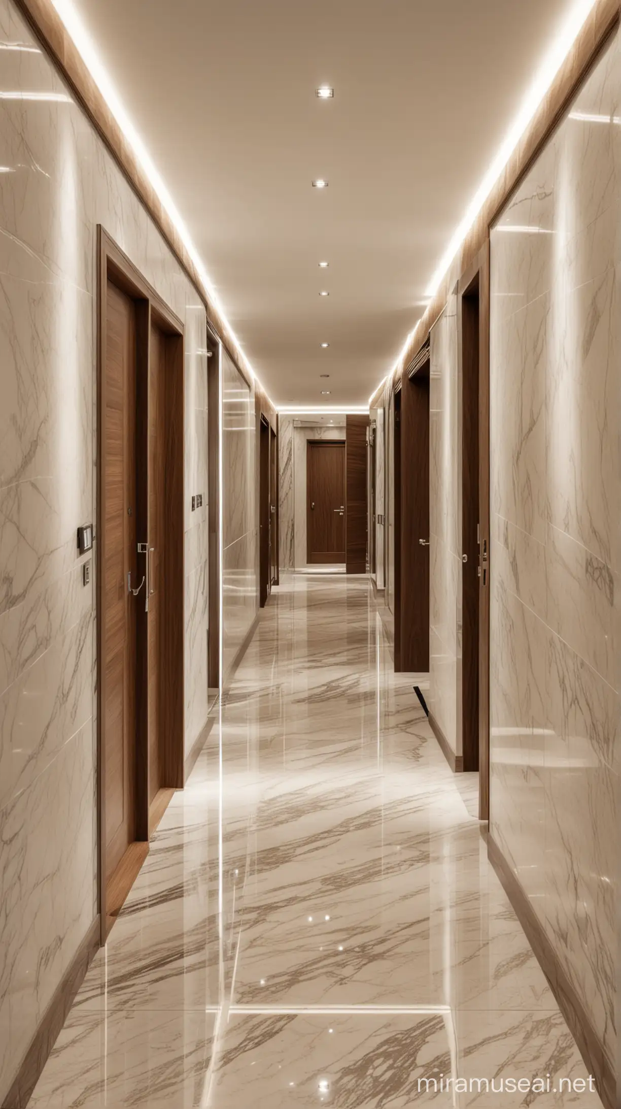 Contemporary Interior Design Corridor with Marble Flooring and Wooden Paneling